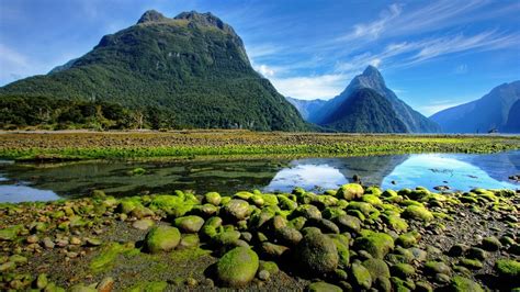 Nature Landscape Mountains Moss Rocks Water Clouds Sky Trees
