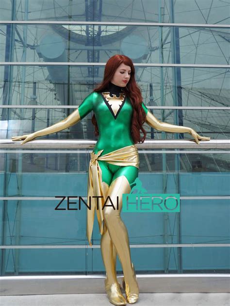 Dark Phoenix Jean Grey Costume Sexy Green And Black Shiny Superhero