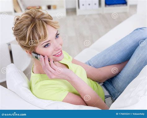 Woman With Mobile At Home Stock Photo Image Of Beautiful 17665524