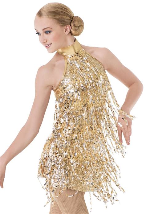 Halter Sequin Fringe Flapper Dress Gold Dance Costume Dance Costumes
