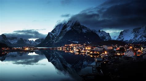 Zdjęcie Lofoty Norwegia Wieś Reine Village Góra Wieczór 1920x1080