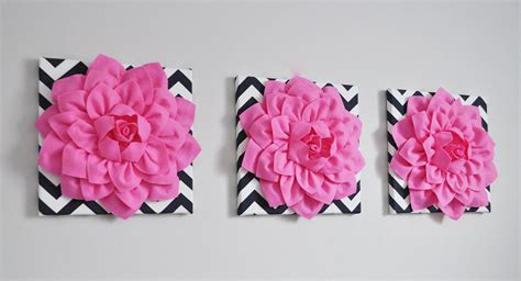 Wall Decor Set Of Three Pink Dahlias On Navy And White