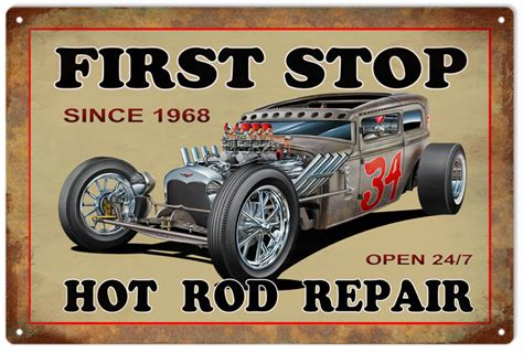 First Stop Hot Rod Car Repair Aluminum Sign Classic Garage