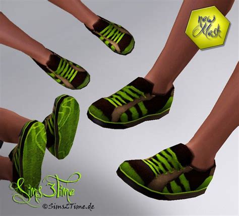Four Pairs Of Shoes With Green And Black Stripes On Them All In The