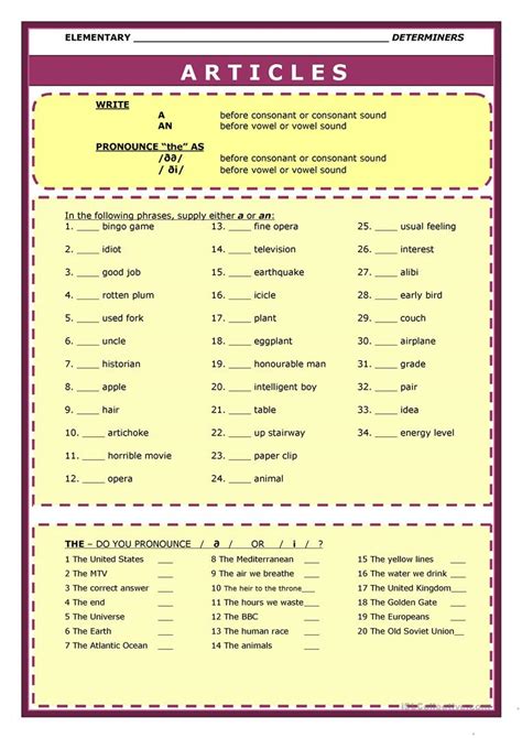 In this english grammar lesson, you'll learn the difference between definite and indefinite articles, and when to use them. DEFINITE AND INDEFINITE ARTICLES worksheet - Free ESL ...