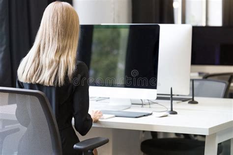 Back View Portrait Of A Casual Businesswoman Working On Computer Stock