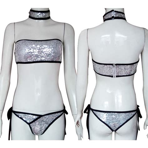 2020 women s fashion sexy sequins choker bikini set with back zipper summer beach swimsuit