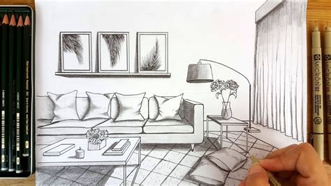 Drawing A Modern Living Room In One Point Perspective Timelapse Youtube