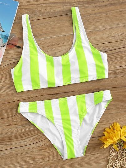 Neon Lime Striped Top With Seam Bikini Set Swswim