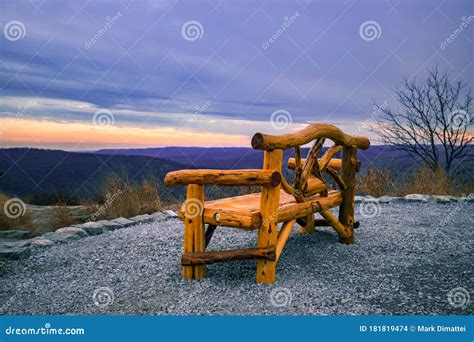 Orange Wood Bench Sitting On Sunset Mountain Top Stock Photo Image Of