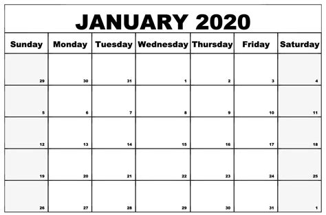 Blank Calendar January 2020 Editable Blank Calendar Pages Calendar