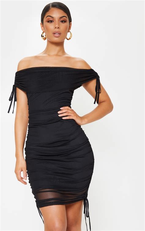 Black Mesh Ruched Side Bardot Bodycon Dress Prettylittlething Qa