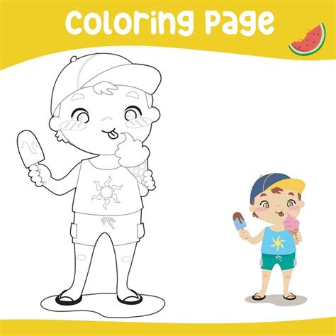 Página Para Colorear Con Tema De Verano Un Lindo Niño Comiendo Helado