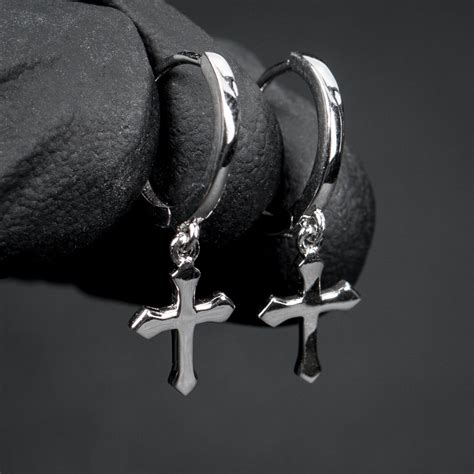 Mens Small Solid Sterling Silver Cross Dangle Drop Hanging Huggie Hoop