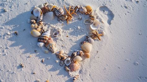 Seashell Heart On Beach Starfish And Shells In Sand Romantic Beach