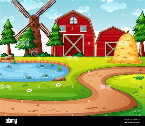 Farm With Red Barn And Windmill Scene Stock Vector Image And Art Alamy
