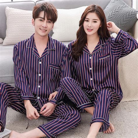 Lover Silk Pajamas Long Sleeve Striped Satin Pyjamas Lounge Couples Pajama Sets In Pajama Sets