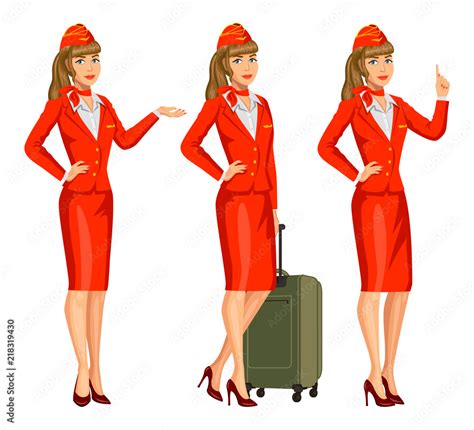 stewardess in red uniform flying attendants air hostess profession stewardess cartoon