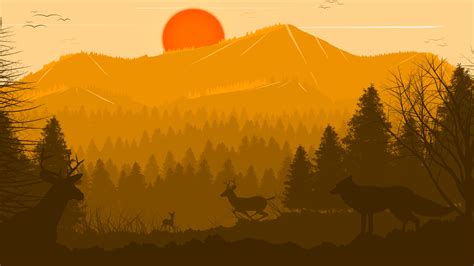 Wallpaper Artwork Minimalism Sun Birds Wolf Deer Trees