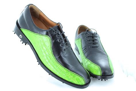 Custom Handmade Golf Shoes In Genuine Black Kangaroo And Lime Crocodile