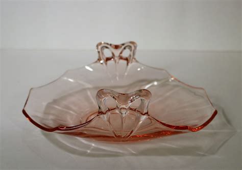 1928 41 Fostoria Fairfax Pink Depression Glass Bon Bon Trinket Dish Curled Sides With Bow Handles