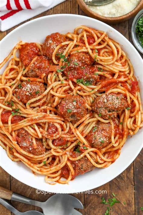Spaghetti and meatballs in homemade marinara sauce. Spaghetti and Meatballs {Family Favorite} - Spend With Pennies