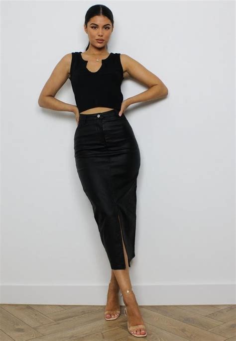 Missguided Black Coated Front Split Denim Midi Skirt Shopstyle