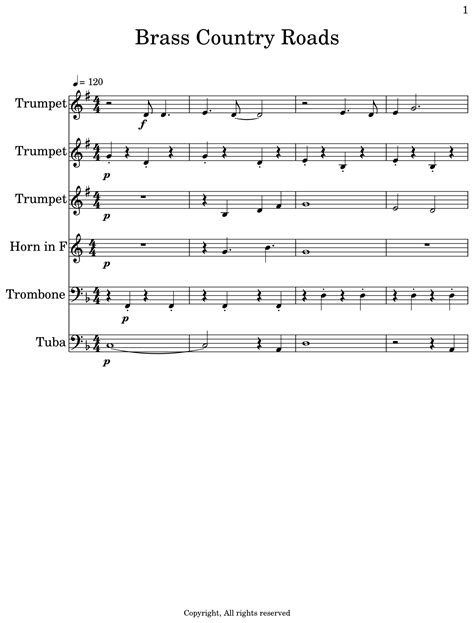 Brass Country Roads Sheet Music For Trumpet Horn In F Trombone Tuba