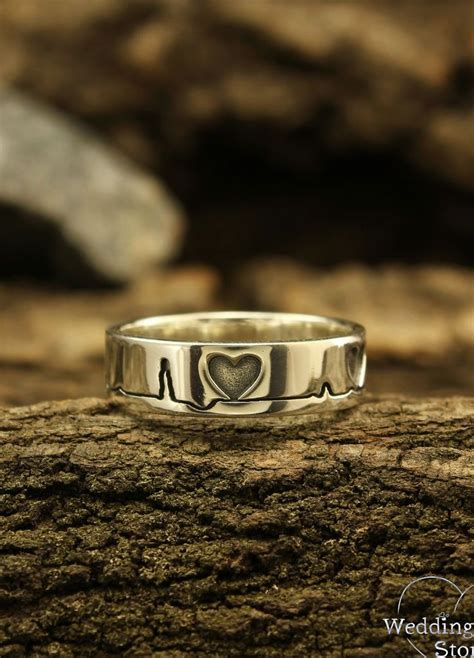 Sterling Silver Band And Heart Ring Pulse Ring For Couples Etsy