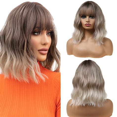 heumhrn 14 inch ash blonde bob wig with bangs ombre curly wavy wigs for women short
