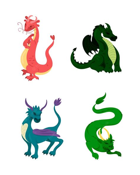 Conjunto De Dragones De Dibujos Animados Vector Premium