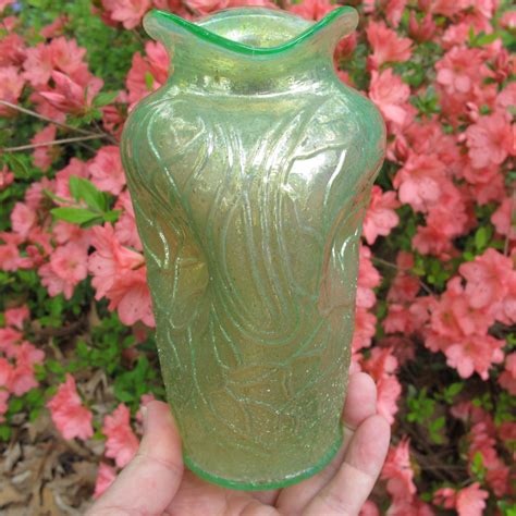 Antique Dugan Aqua Stippled Estate Frit Carnival Glass Vase Carnival