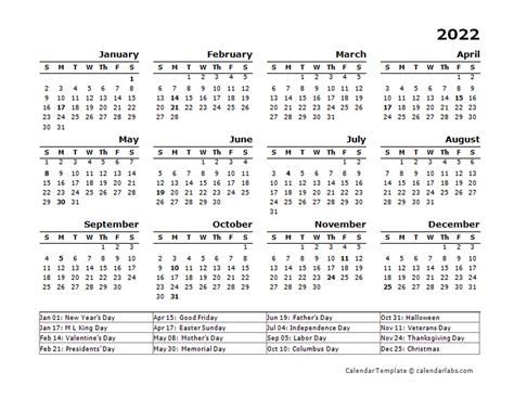 Free Printable Yearly 2022 Calendar With Holidays As Word Pdf