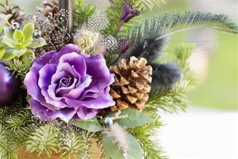Bouquet Has Christmas Tree Branches And Artificial Flowers Stock Photo