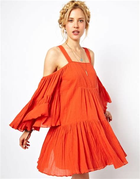 Asos Summer Dress With Cold Shoulder In Cheesecloth In Orange Lyst