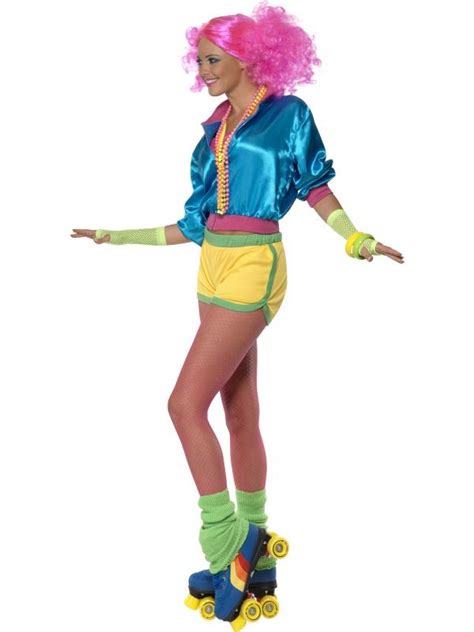 Ladies Skater Girl Costume Neon 1980s Retro 80s Roller Disco Fancy