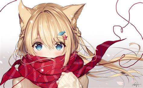 Download 1920x1080 Anime Cat Girl Blonde Red Scarf Animal Ears Loli Cute Wallpapers For