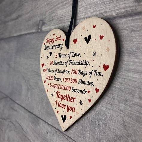 For each year of marriage, there are certain types of traditional gifts to give. 2nd Wedding Anniversary Gift For Him Her Wood Heart Keepsake