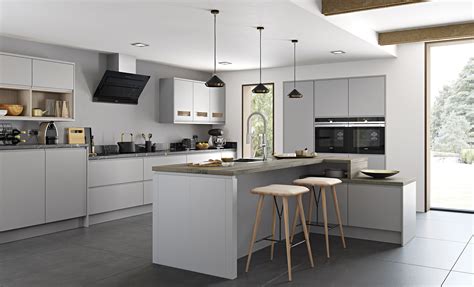Bautiful color combination modern grey kitchen island and grey wall kitchen paints. Sienna Matte in Light Grey - The Kitchen Depot