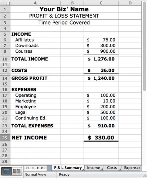 Profit And Loss Excel Spreadsheetspreadsheet Template Spreadsheet