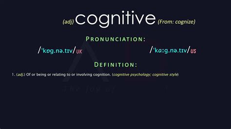 Somethingrelated to the process of knowing, understanding, and learning something cognitive psychology —cognitively adverbexamples from the corpuscognitive• all the evidence points to. Cognitive Meaning And Pronunciation | Audio Dictionary ...