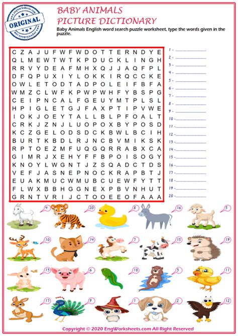 Baby Animals Esl Printable Picture Dictionary Worksheet For Kids