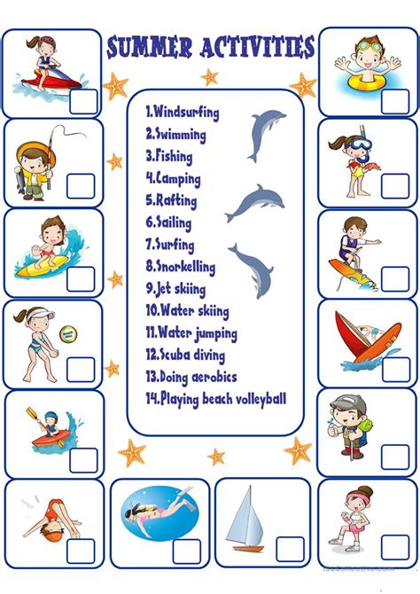 Students may be tired or have other things on their minds and diving straight into a textbook or grammar explanation can be quite jarring. Summer Activities worksheet - Free ESL printable ...