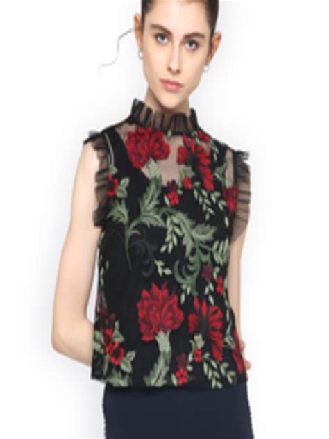 Buy Kazo Women Black Sheer Embroidered Top Tops For Women 3806963