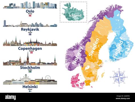 Scandinavian Countries Map With Capital Cities Skylines Icons Vector