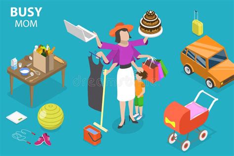 3d Isometric Flat Vector Conceptual Illustration Of Busy Mom Stock