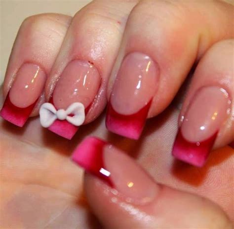 Beautiful Acrylic French Nail Art Lovely Pink Nails 3d Bow On Ring