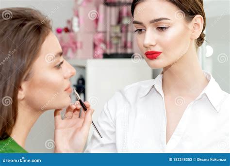 makeup artist applies lipstick on lips stock image image of bright lady 182248353