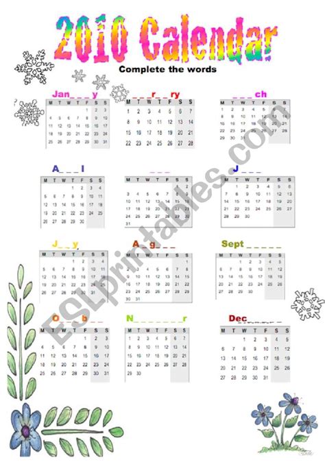 2010 Calendar Esl Worksheet By Gdagli