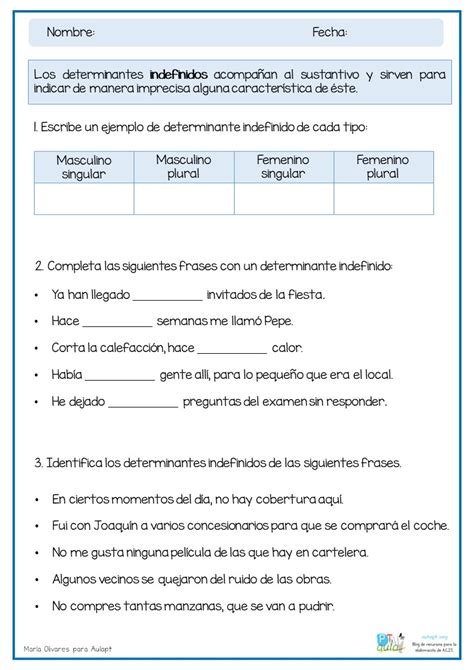 Ficha De Actividades Determinantes Indefinidos Aula PT